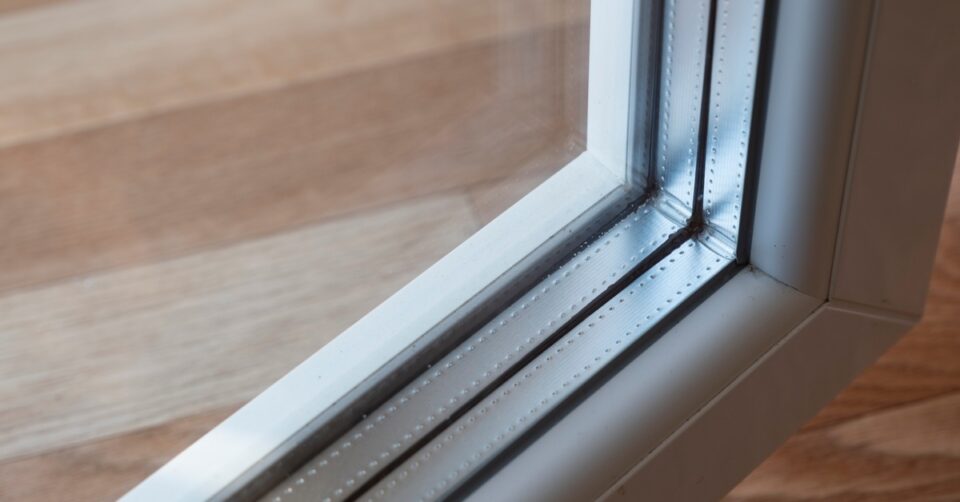 A plain-colored window frame that has triple glazing, where argon gas fills the spaces between each pane.