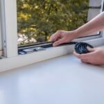 A person uses both hands to apply dark rubber sealing tape to the surface of an interior window frame.