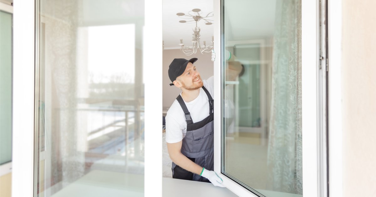 A person wearing blue overalls and a baseball hat inspects the side of a window that is opened in toward them.