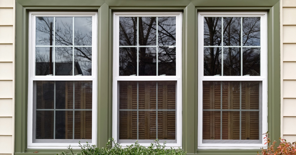 Three double-hung windows with green trim on a beige home, reflecting trees and the sky, with bushes below.