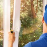 A person wearing a blue shirt and hat installs a new vinyl window with a white frame. Trees stand beyond the glass.