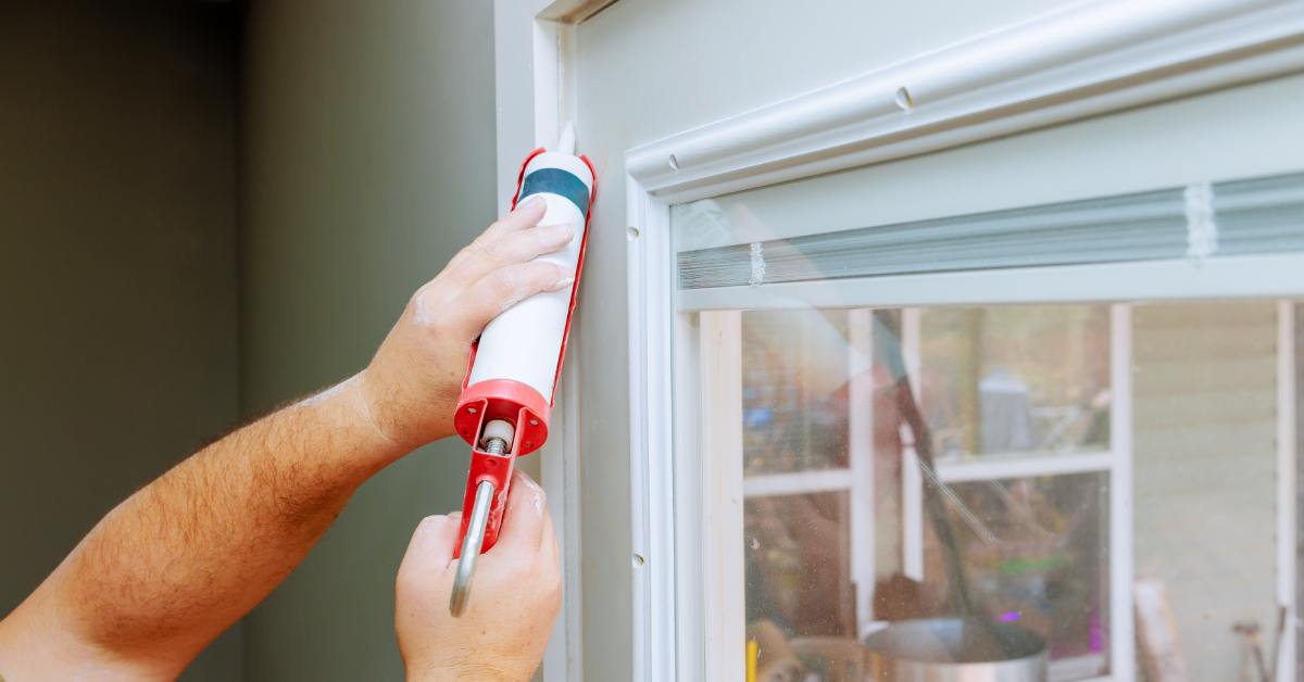 A person applies sealant around a window frame using a caulking gun in a room with sage green walls.