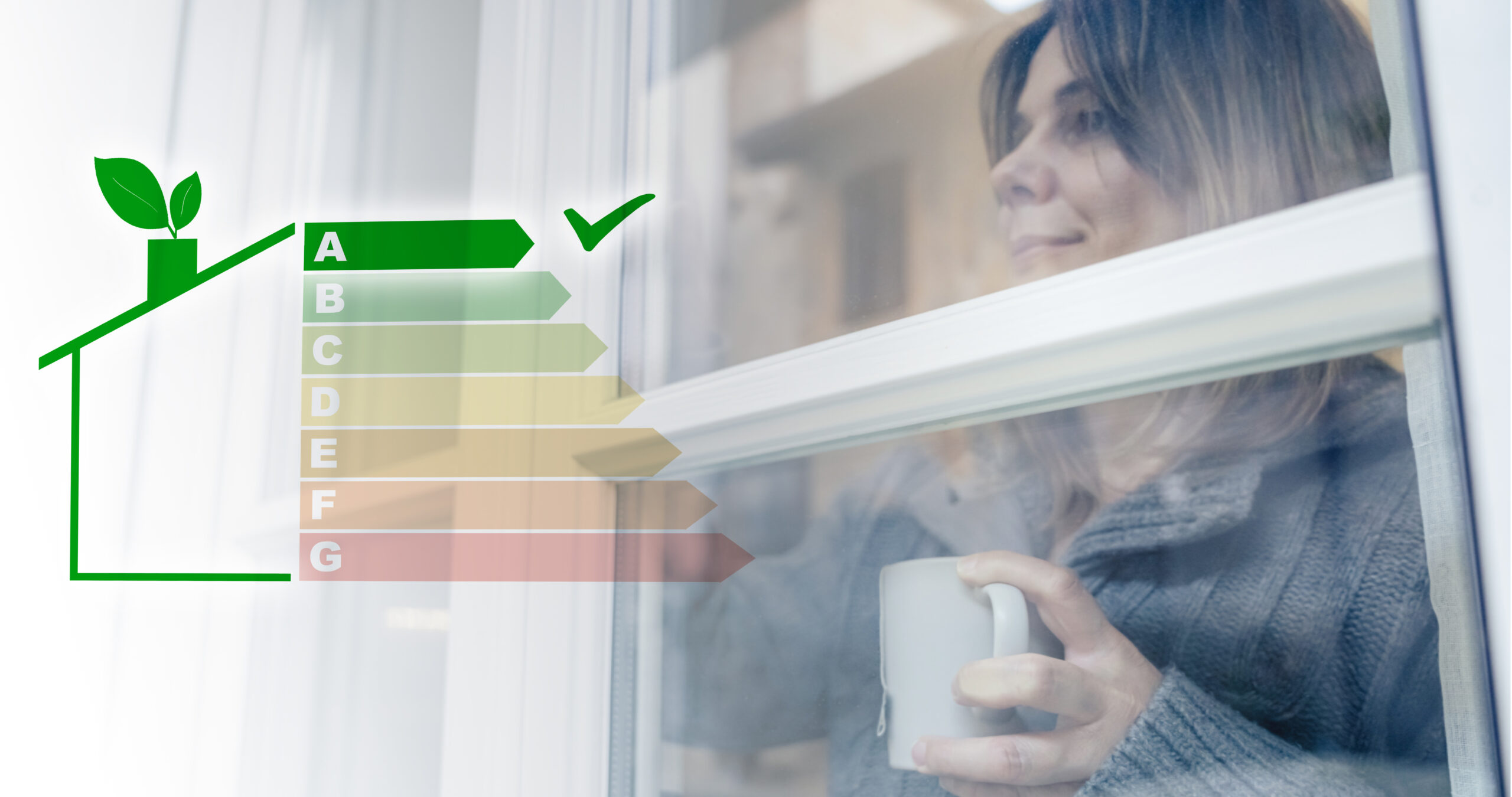 a woman holding a mug near a window with an energy rating graphic overlay and soft indoor lighting.