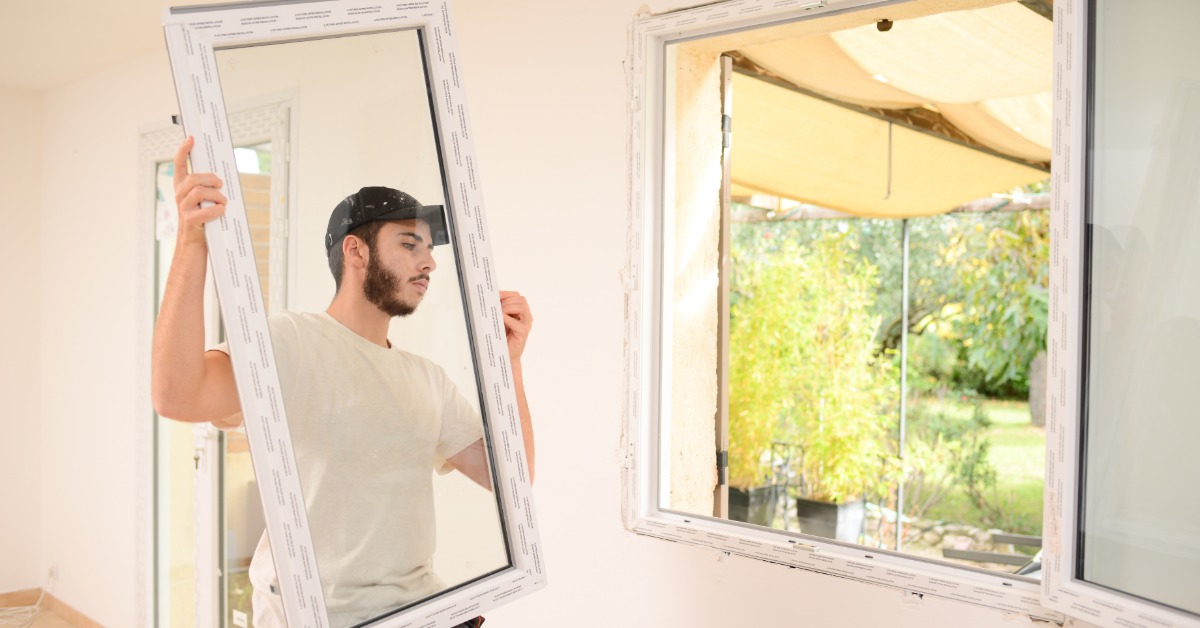 A man carrying a white window frame inside a room with an open wall window and greenery visible outside.