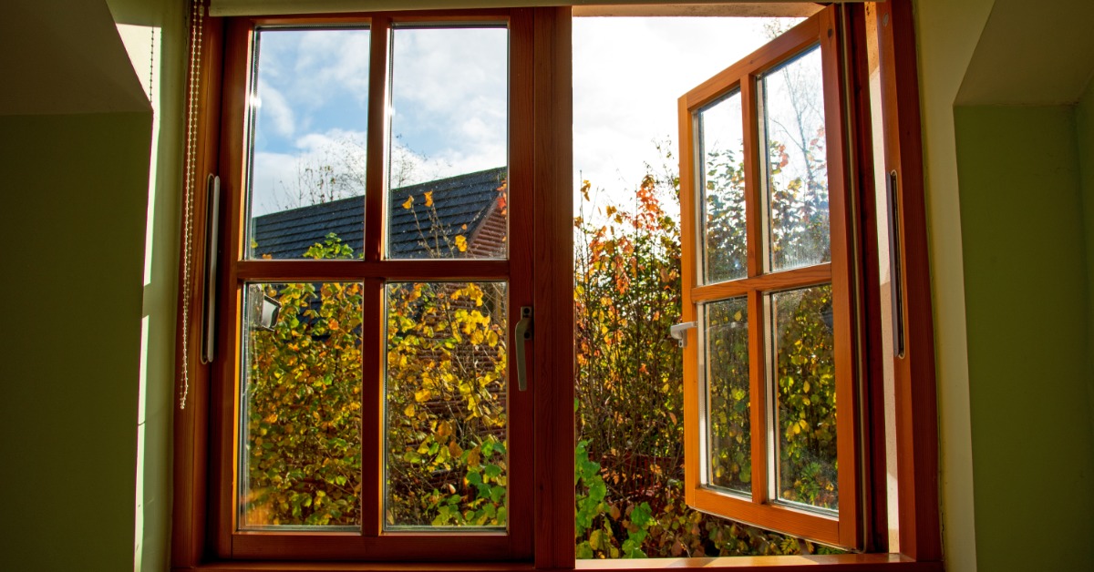 An open wooden window with glass panes and a roller blind above it, overlooking yellow autumn leaves and a roof.